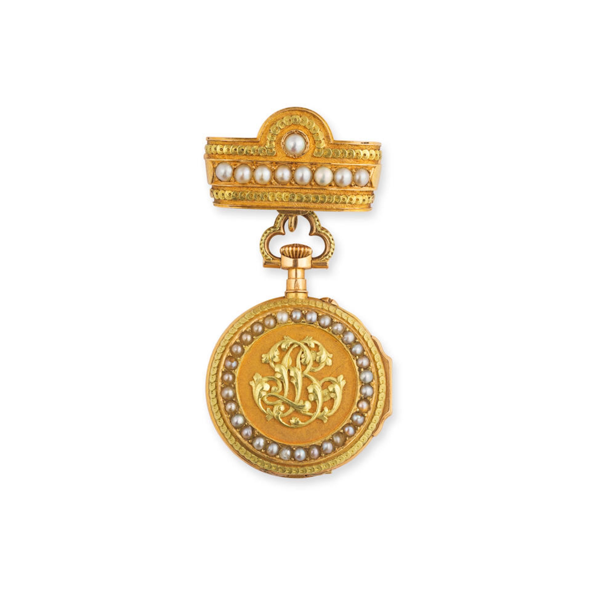 Leroy & Fils. An 18K gold open face keyless wind pocket watch with pearls Leroy & Fils. Montre d...