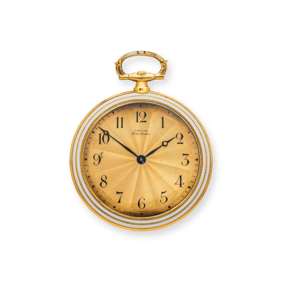 Cartier. A very fine and very rare open face 18K gold keyless wind pocket watch with beautifully...