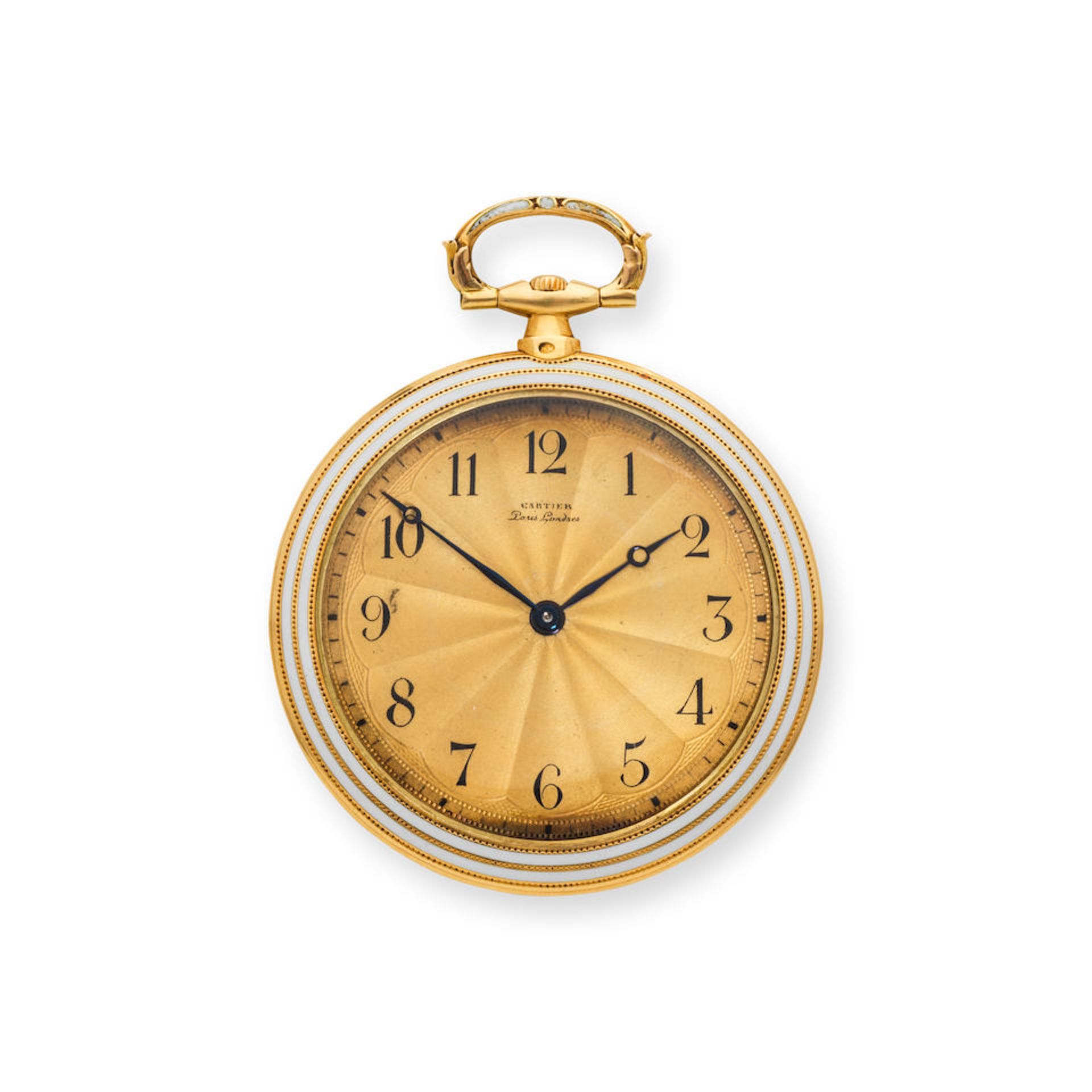Cartier. A very fine and very rare open face 18K gold keyless wind pocket watch with beautifully...