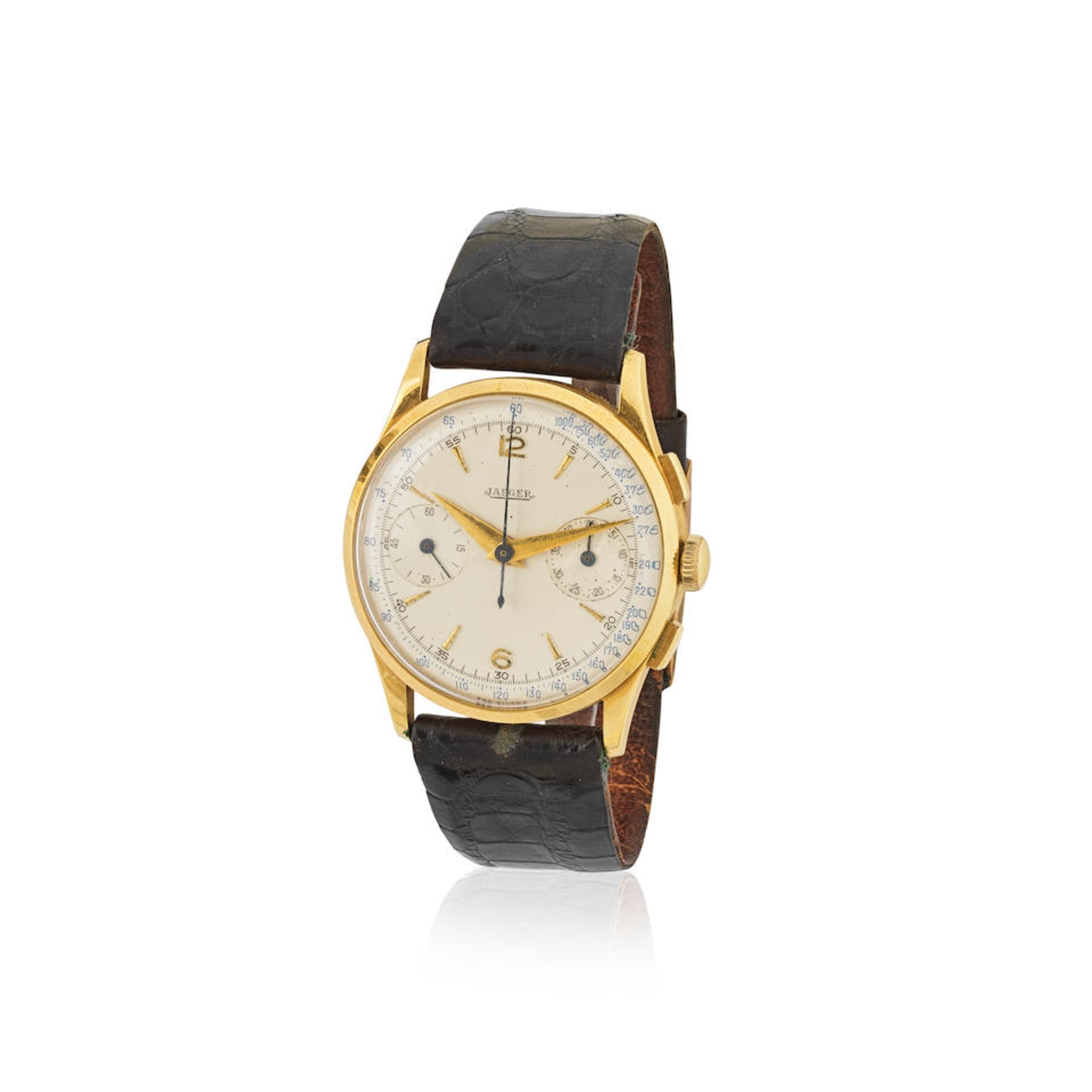 Jaeger. A fine 18K gold manual wind chronograph wristwatch Jaeger. Beau chronographe bracelet en...