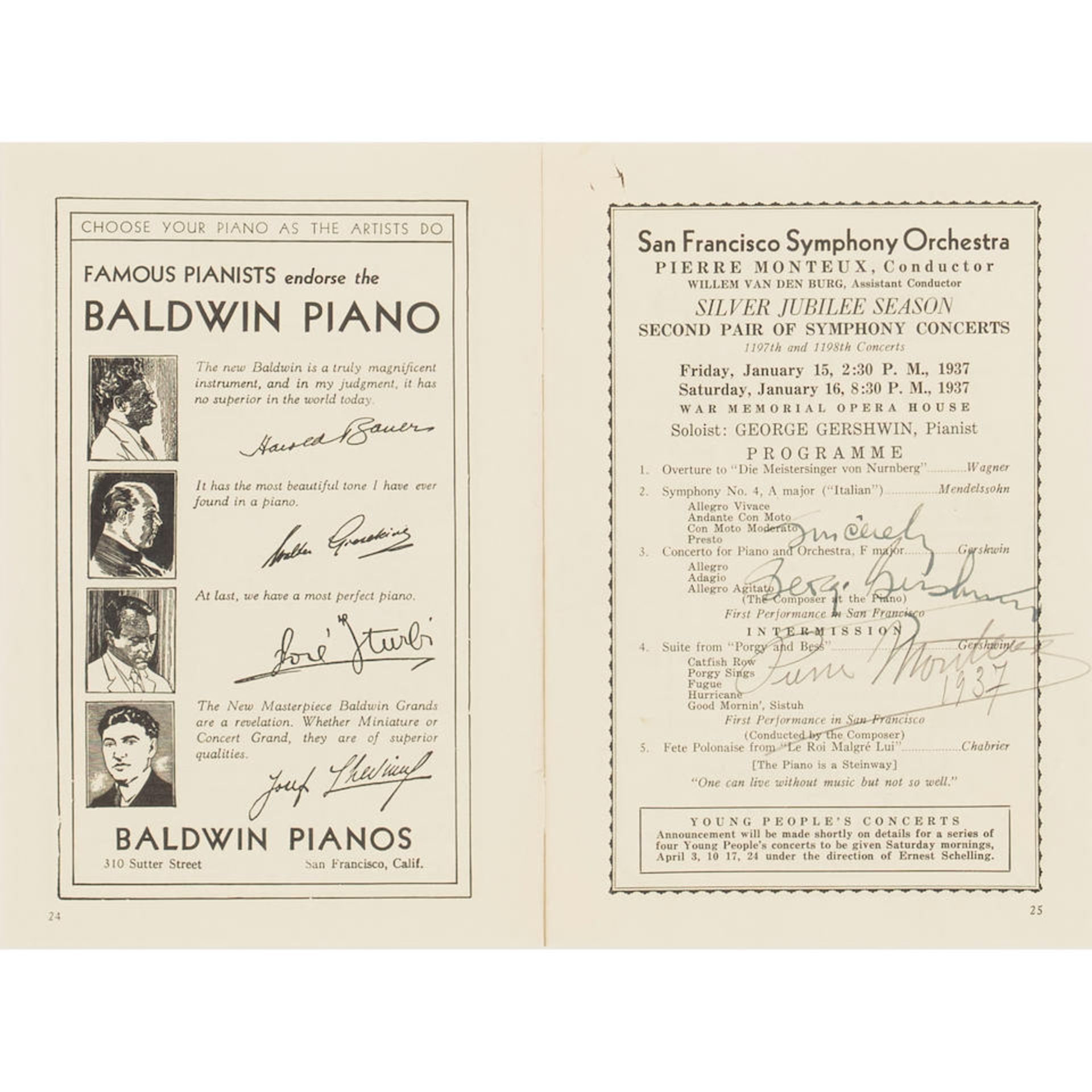 A GEORGE GERSHWIN AND PIERRE MONTEUX SIGNED SF SYMPHONY ORCHESTRA PROGRAM. GERSHWIN, GEORGE. 189... - Bild 2 aus 2