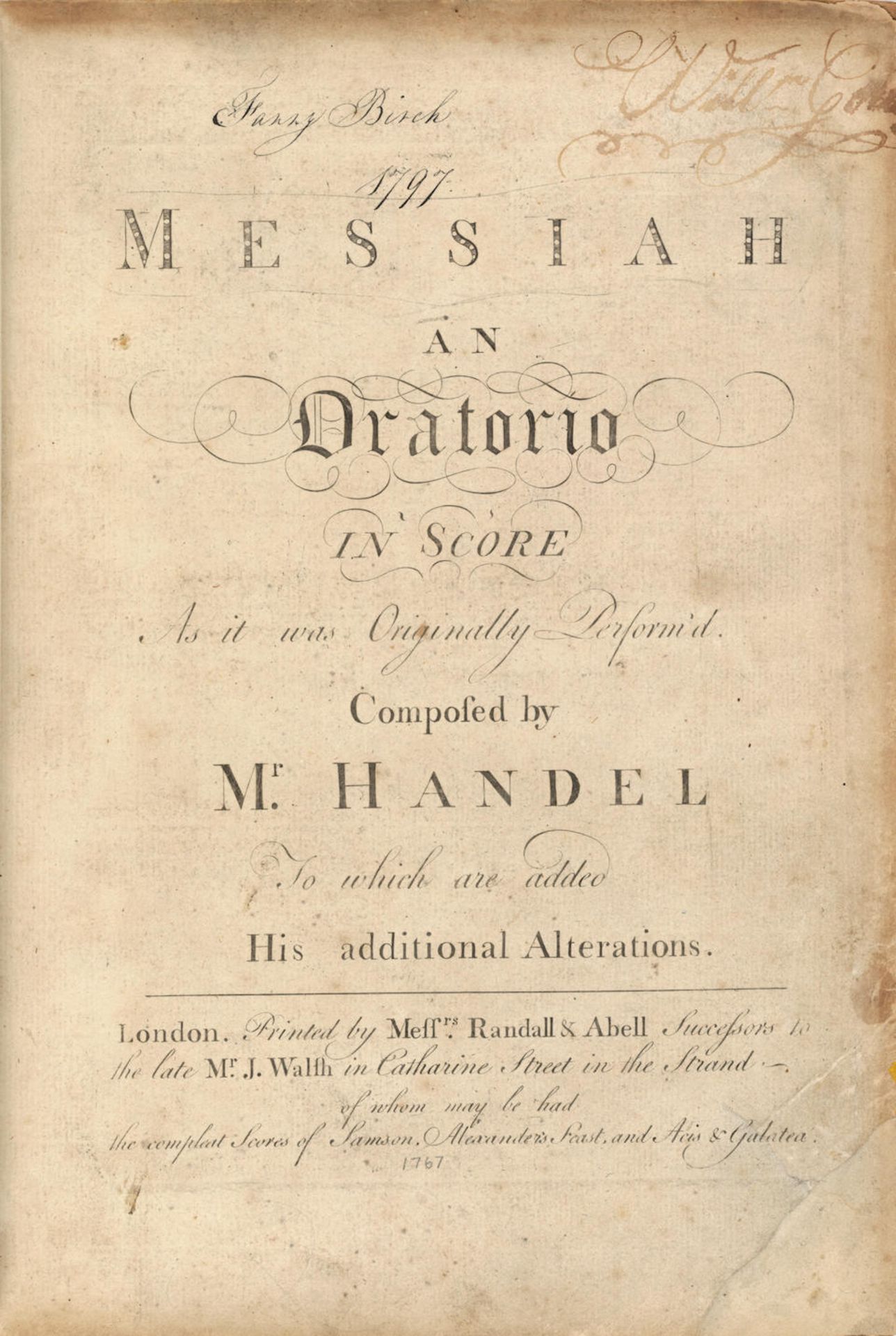 HANDEL, GEORGE FREDERIC. 1685-1759. Messiah. An Oratorio in Score as It Was Originally Perform'd...