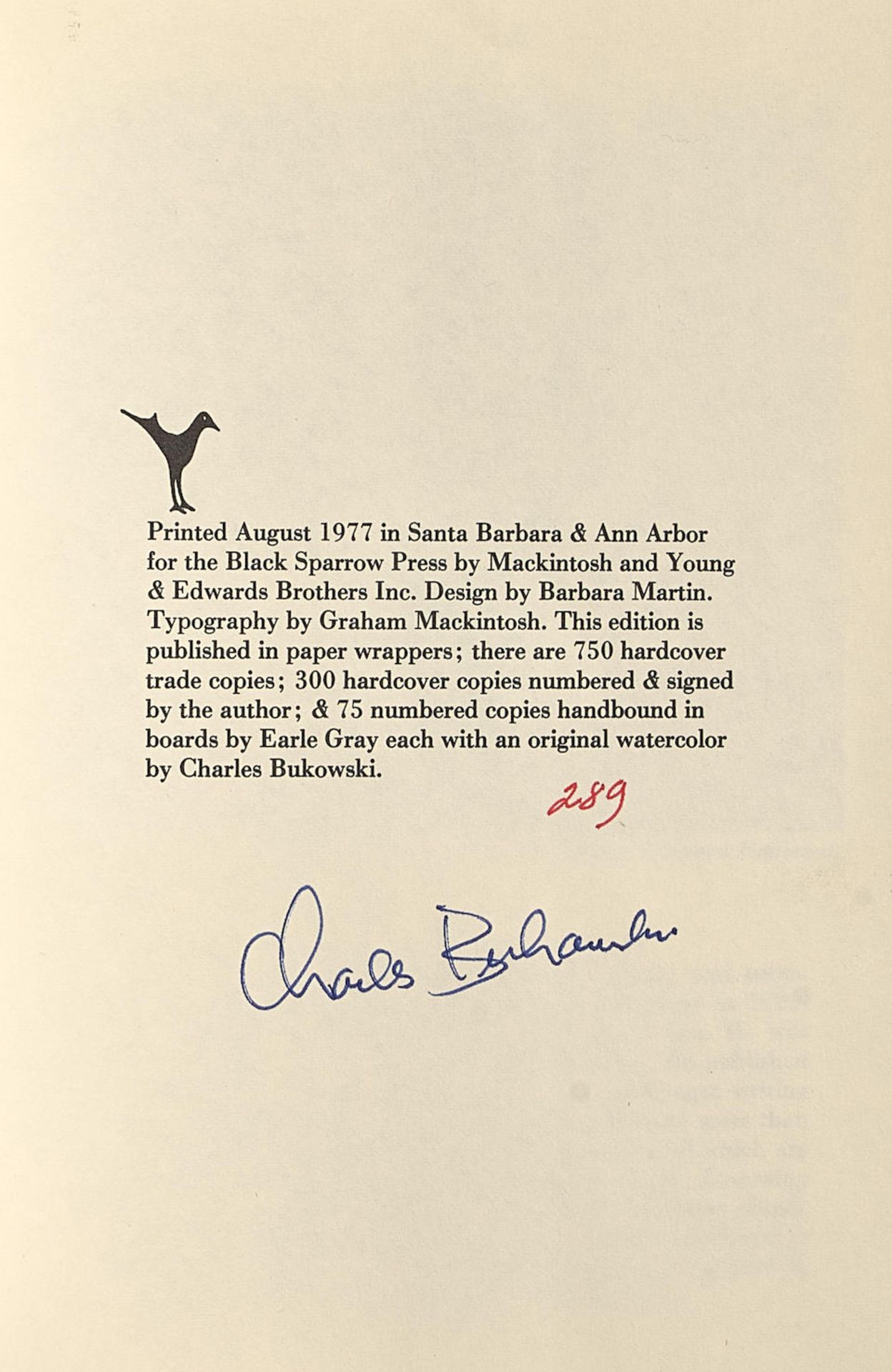 BUKOWSKI, CHARLES. 1920-1994. Love Is a Dog from Hell. Santa Barbara: Black Sparrow Press, 1977. - Bild 2 aus 2