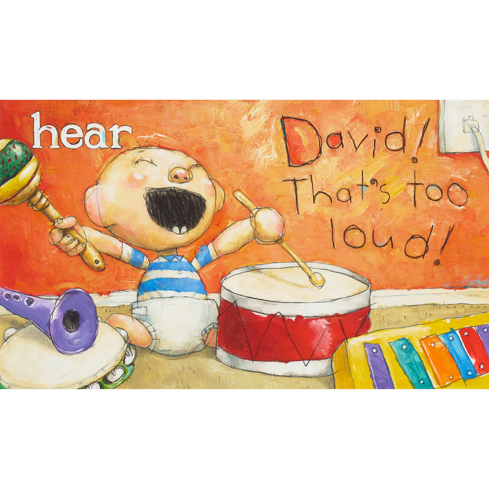 A DAVID SHANNON ILLUSTRATION OF 'HEAR' FROM DAVID SMELLS! SHANNON, DAVID. B.1959. 'Hear / David!...