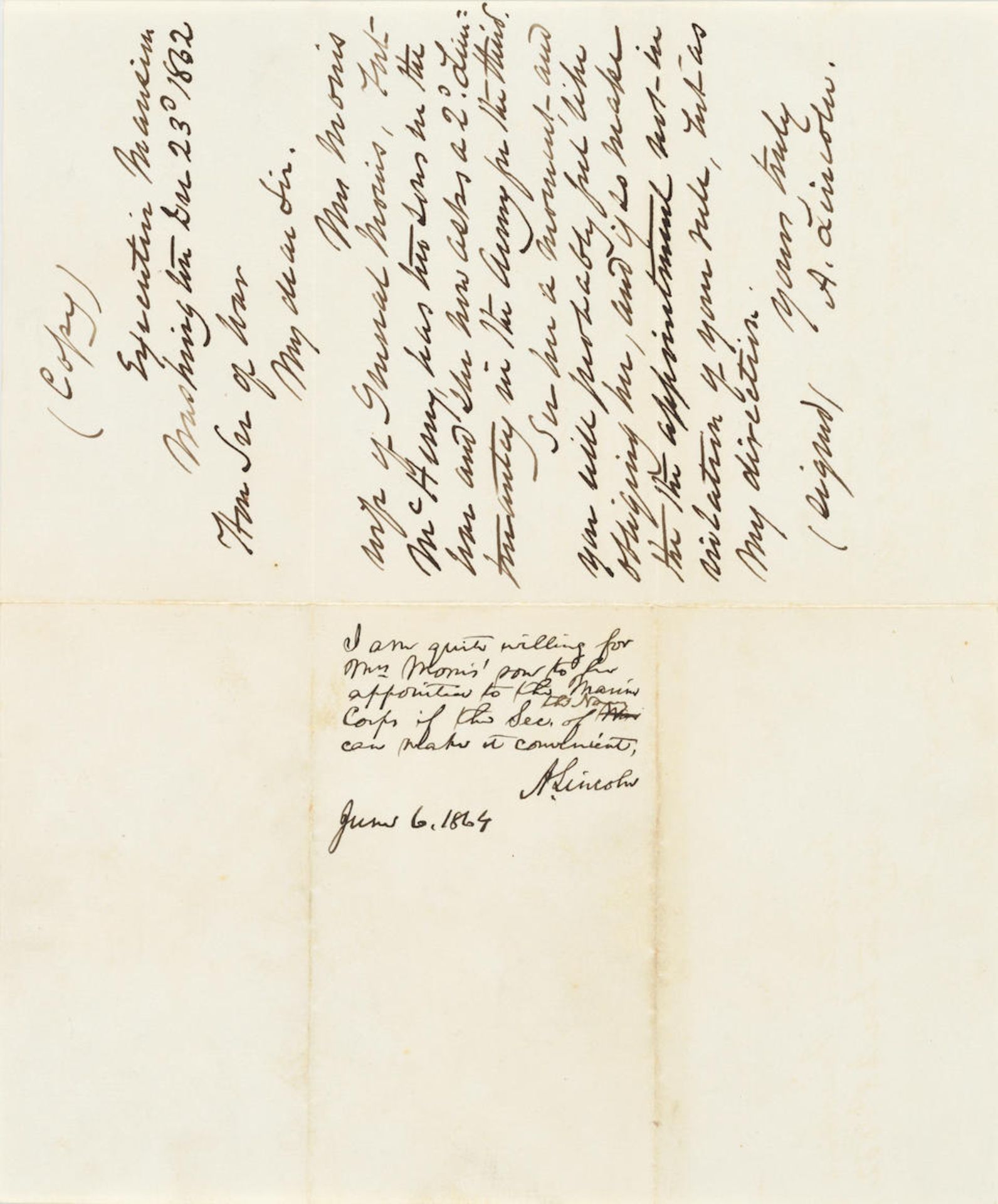 LINCOLN INTERVENES ON BEHALF OF A MOTHER WITH THREE SONS IN SERVICE. LINCOLN, ABRAHAM. 1809-1865...