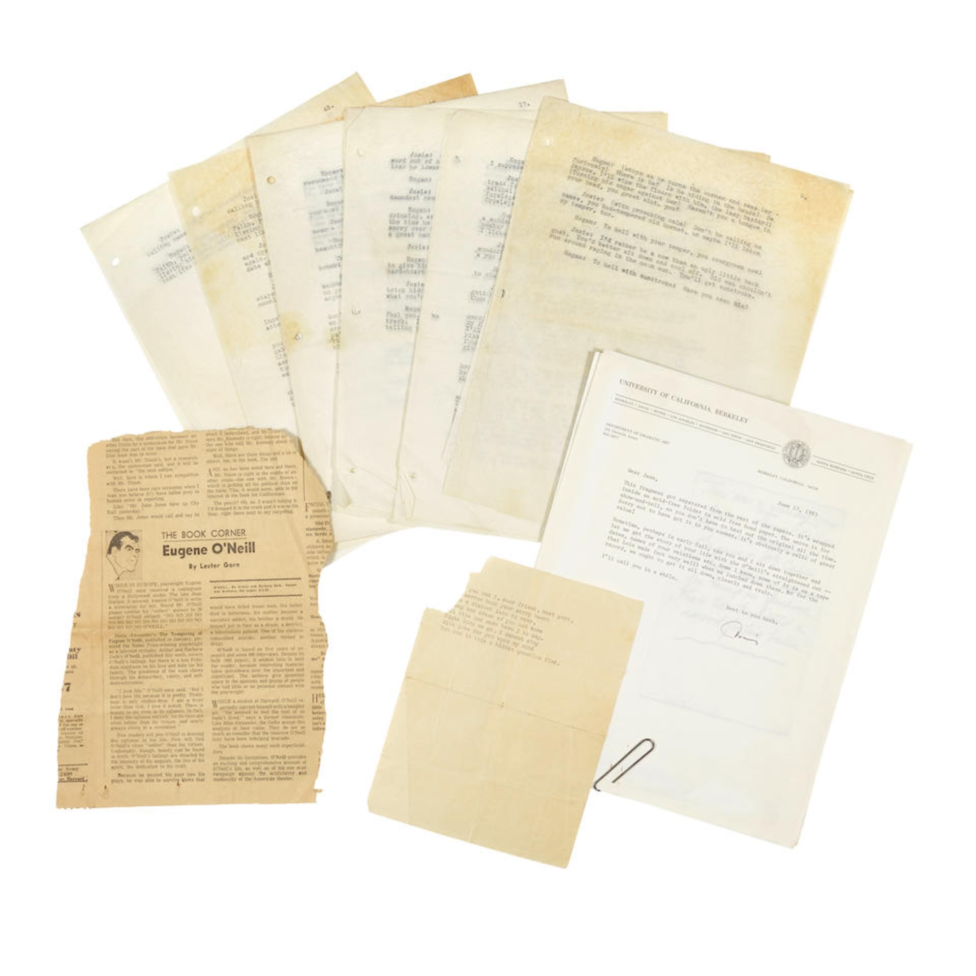 ARCHIVE OF EUGENE O'NEILL MANUSCRIPTS AND TYPESCRIPTS. O'NEILL, EUGENE. 1888-1953. This lot feat...