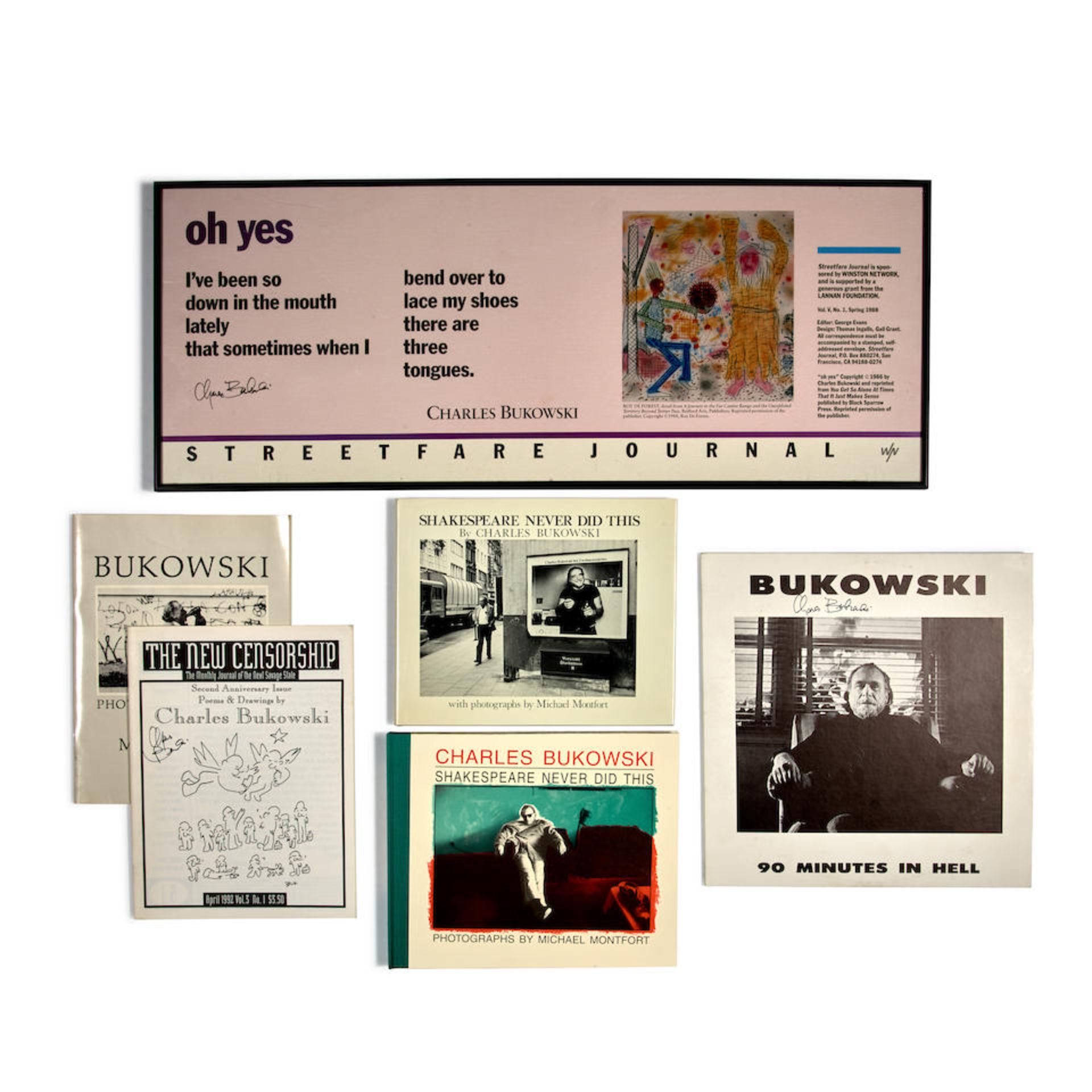 BUKOWSKI, CHARLES. 1920-1994. GROUP OF 6 SIGNED ITEMS: