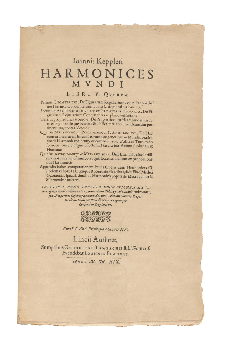 KEPLER, JOHANNES. 1571-1630. Harmonices mundi libri V. Linz: Johann Planck for Gottfried Tampa... - Image 7 of 11