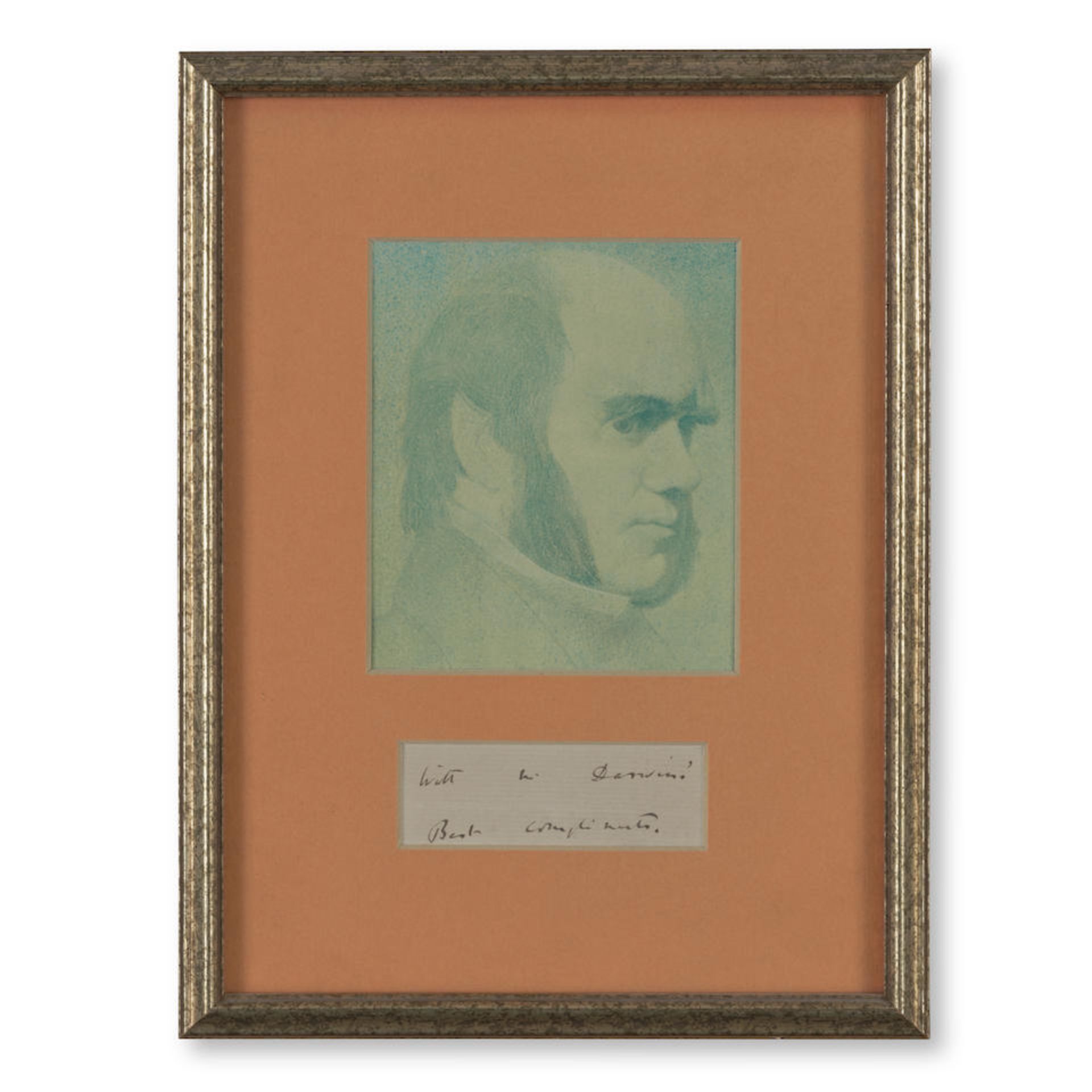 DARWIN, CHARLES. 1809-1882. Clipped autograph, signed in text ('With M. Darwin's Best Compliment...