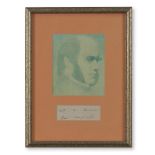 DARWIN, CHARLES. 1809-1882. Clipped autograph, signed in text ('With M. Darwin's Best Compliment...