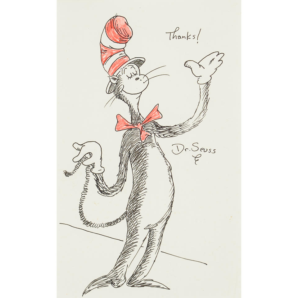 A DR. SEUSS DRAWING OF THE CAT IN THE HAT. GEISEL, THEODOR 'TED.' 1904-1991. Original pen, ink a...