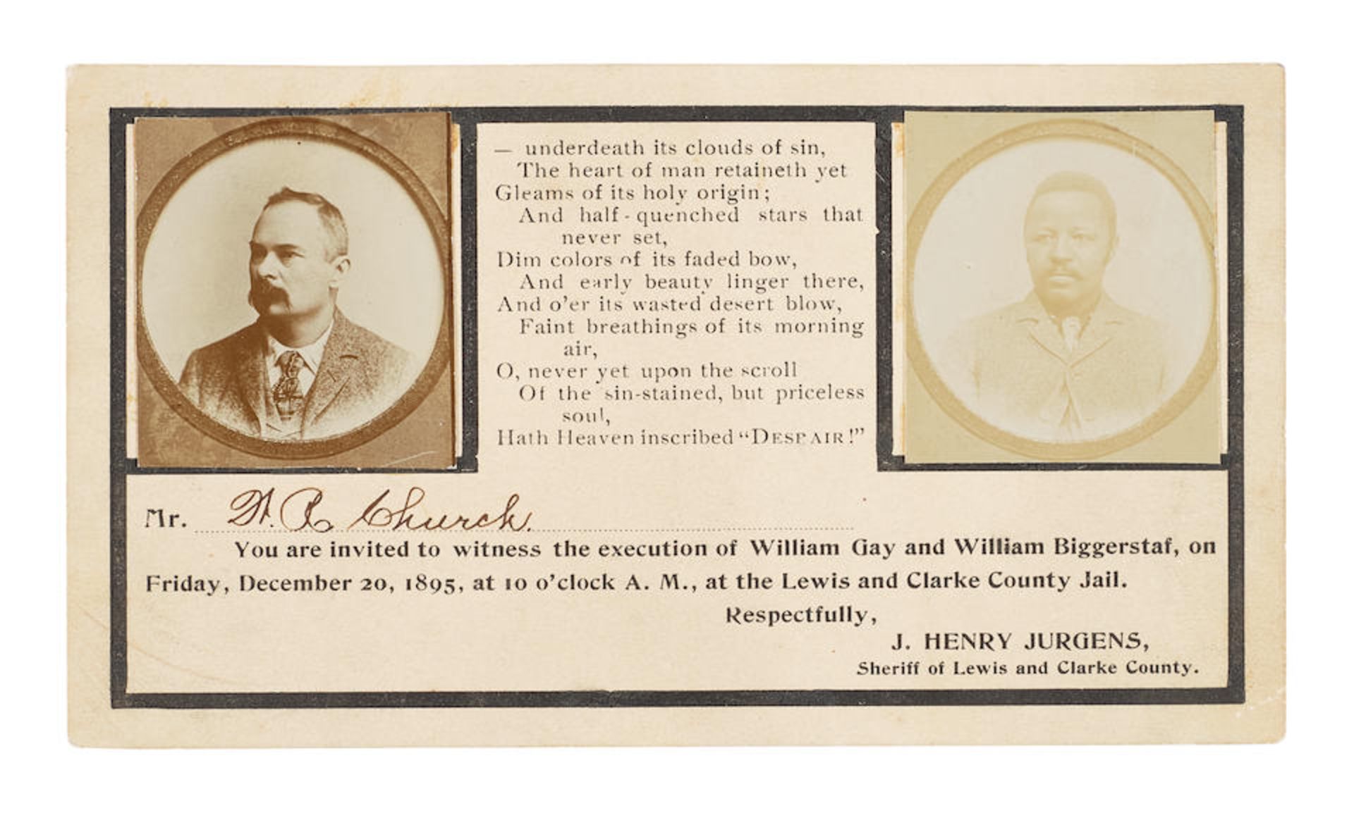 MONTANA HANGING. Invitation to the double execution of William Gay and William Biggerstaf, Lewi...