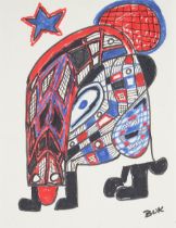 BUKOWSKI, CHARLES. 1920-1994. Original artwork, Signed ('BUK'), [no date], marker in colors on p...
