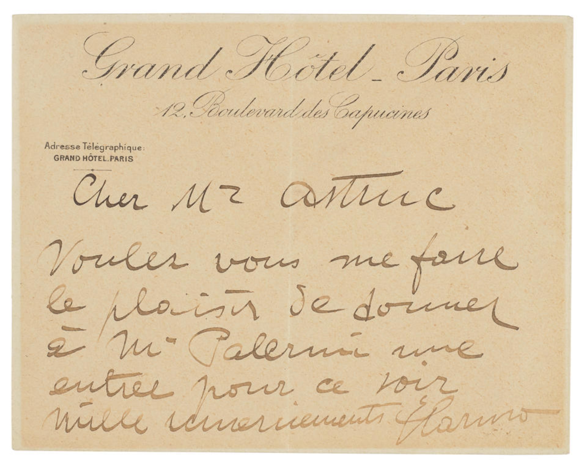 CARUSO GRANTS A NIGHT AT THE OPERA. CARUSO, ENRICO. 1873-1921. Autograph Note Signed ('E. Caruso...