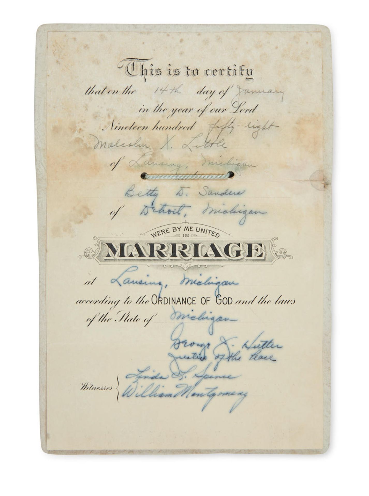 MALCOLM X AND BETTY SHABAZZ MARRIAGE CERTIFICATE. MALCOLM X. 1925-1965. Printed Document accompl...