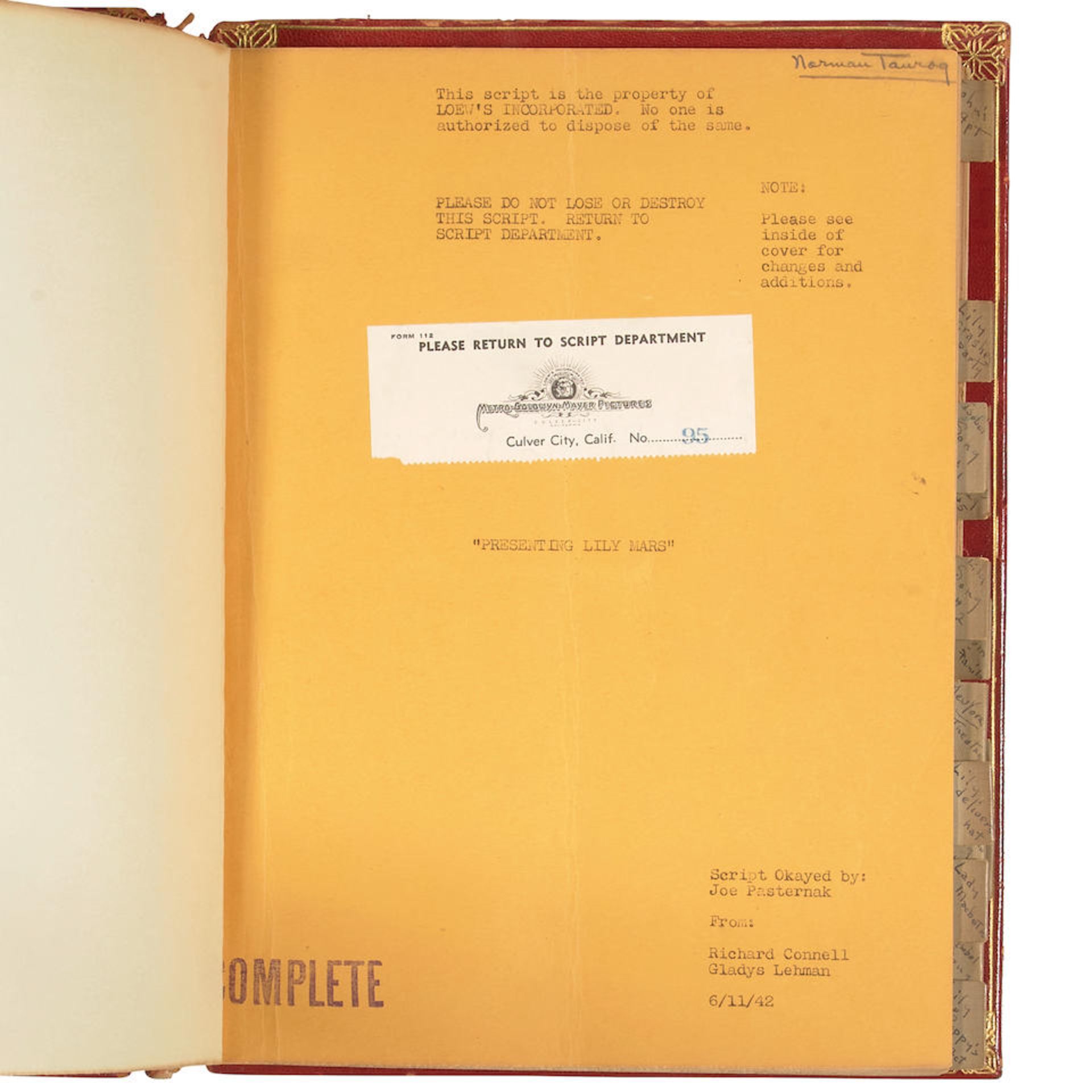 NORMAN TAUROG'S WORKING COPY OF THE SCRIPT FOR PRESENTING LILY MARS. CONNELL, RICHARD, and GLADY...