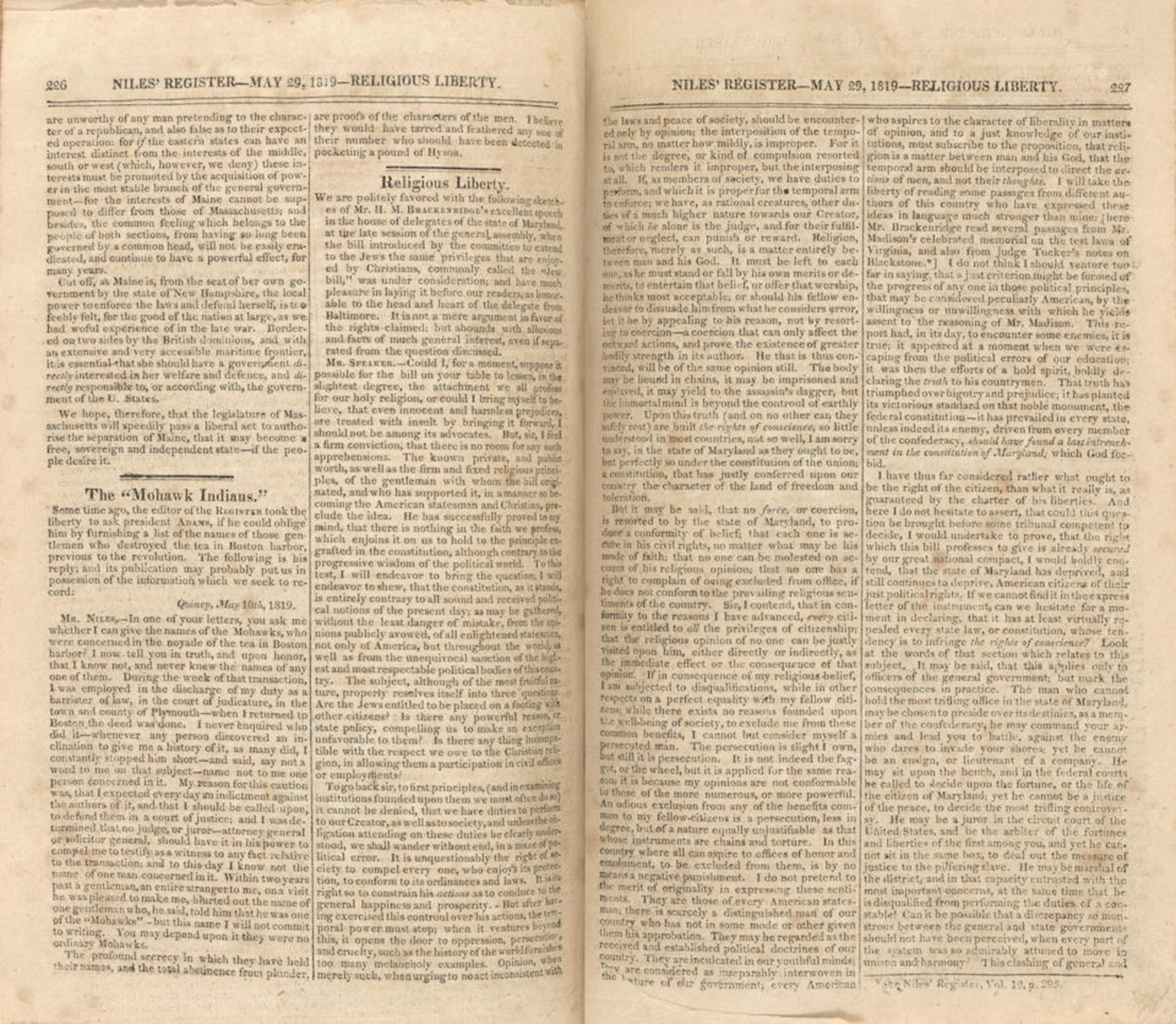 JUDAISM IN AMERICA: THE 'JEW BILL' DEBATE. BRACKENRIDGE, HENRY M. 1786-1871. 'Religious Freedom'...