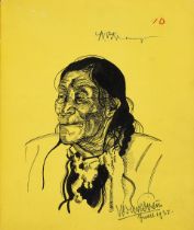 SIGNED INK DRAWING OF CHIEF WHITE GRASS. REISS, WINOLD. Original ink drawing of Chief White Grass,