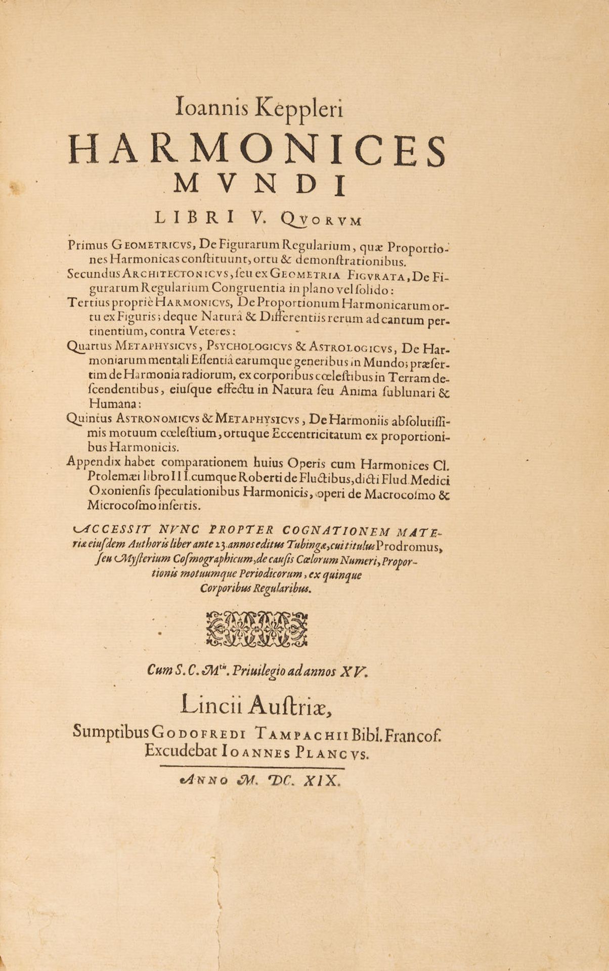 KEPLER, JOHANNES. 1571-1630. Harmonices mundi libri V. Linz: Johann Planck for Gottfried Tampa... - Bild 8 aus 11