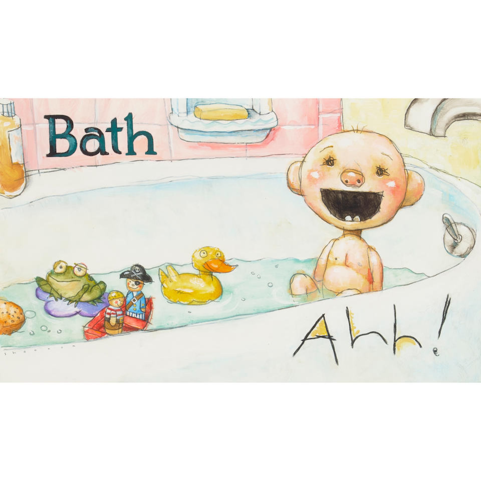 A DAVID SHANNON ILLUSTRATION FROM OOPS! SHANNON, DAVID. B.1959. 'Bath / Ahh!' Graphite and acry...