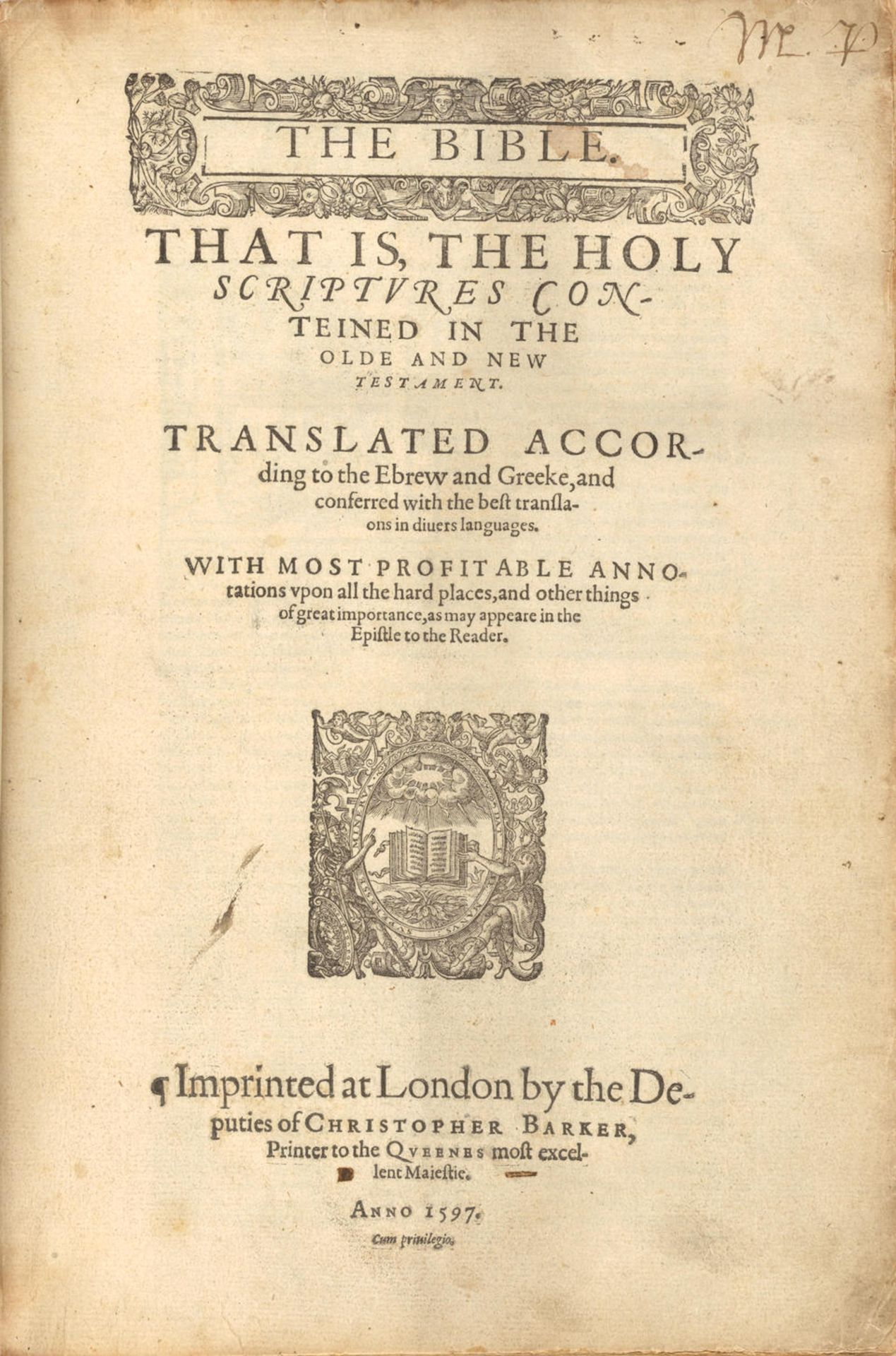 BIBLE IN ENGLISH, 1597 GENEVA VERSION. The Bible. That is the Holy Scriptures Conteined in the O...