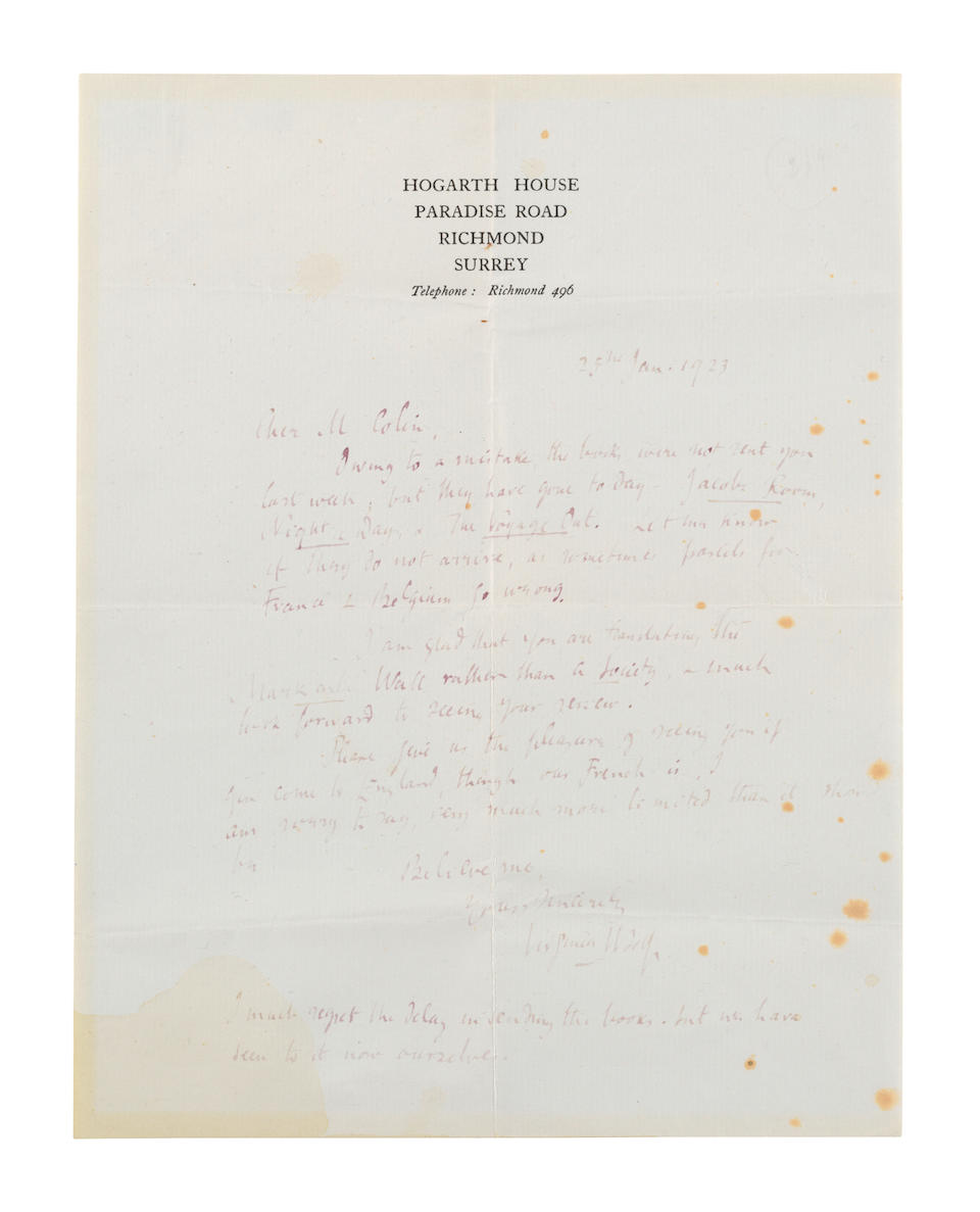 WOOLF REGARDING HER FIRST TRANSLATED WORK. WOOLF, VIRGINIA. 1882-1941. Autograph Letter Signed (...