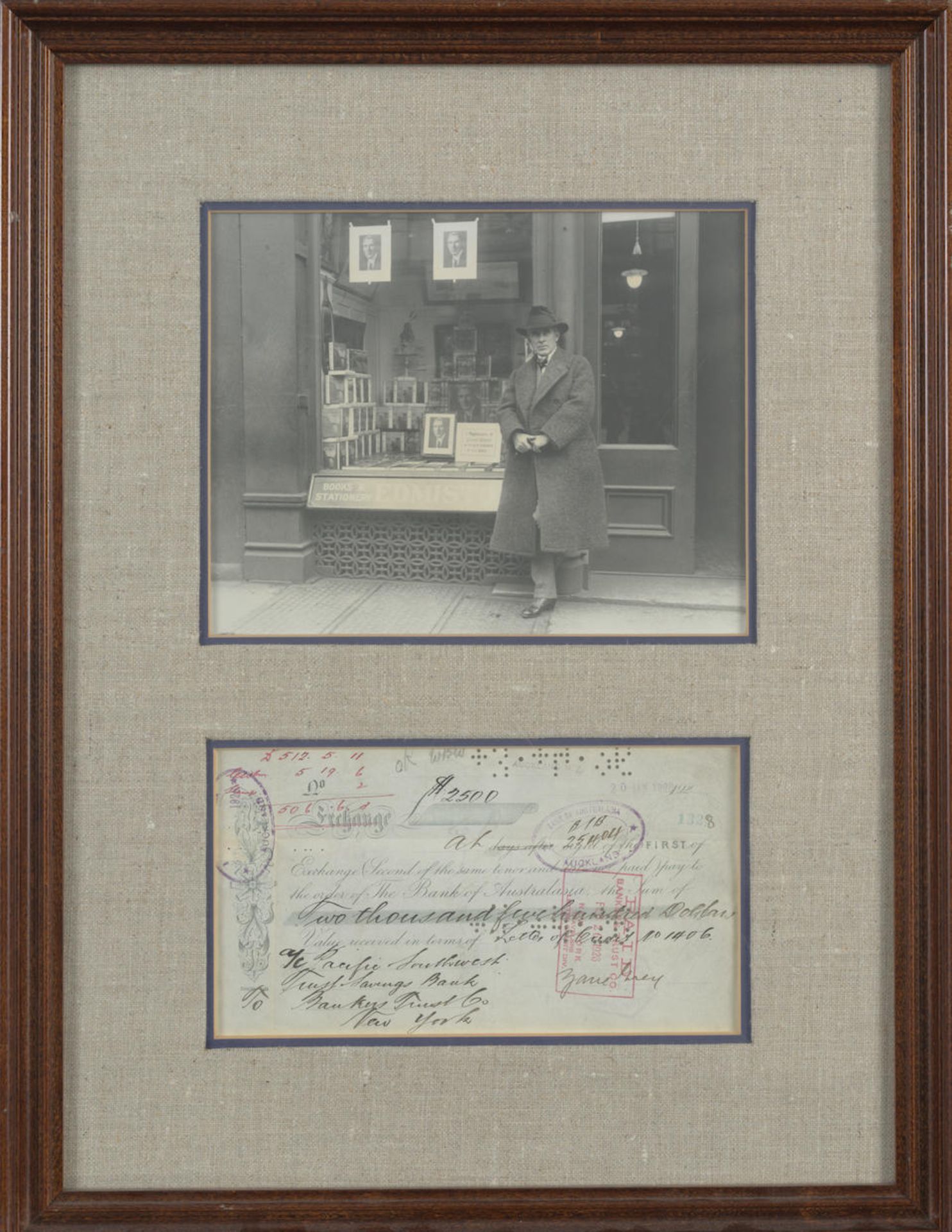 GREY, ZANE. 1872-1939. Bank Draft Signed, in the amount of $2,500 drawn on the Bank of Australasia,