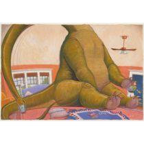 A MARK TEAGUE ILLUSTRATION OF A BRACHIOSAURUS. TEAGUE, MARK. B.1963. 'Does he dump out his juic...