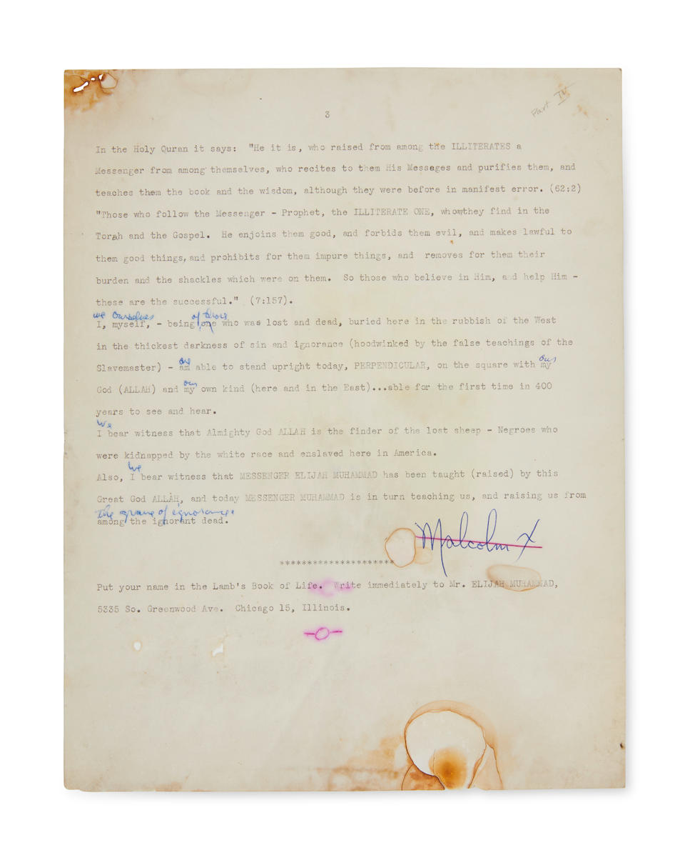MALCOLM X. 1925-1965. Two annotated typescript drafts, the second signed ('Malcolm X,' cancelled...