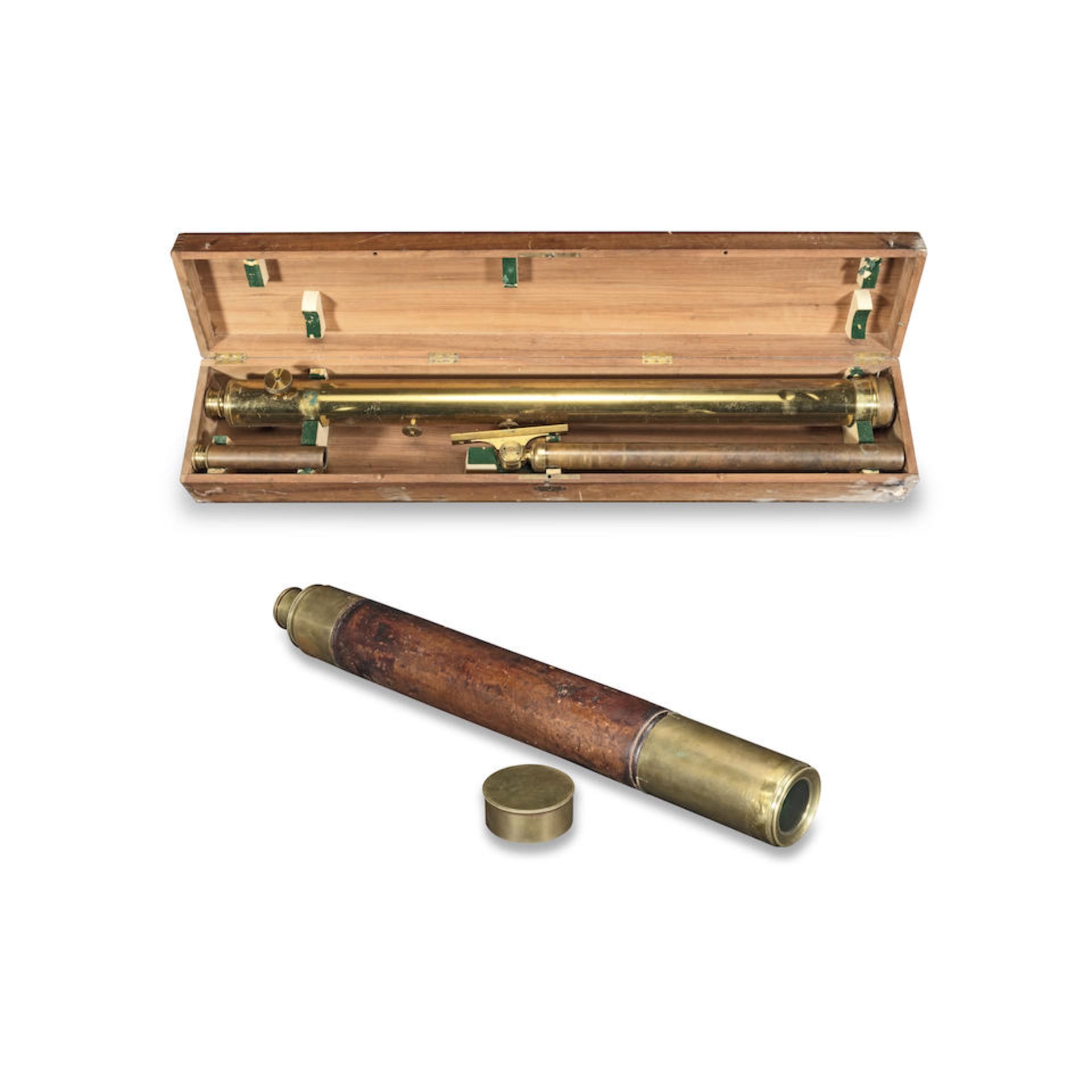 A late 19th century French 2 1/2 inch brass refracting telescope on stand together with a simila...