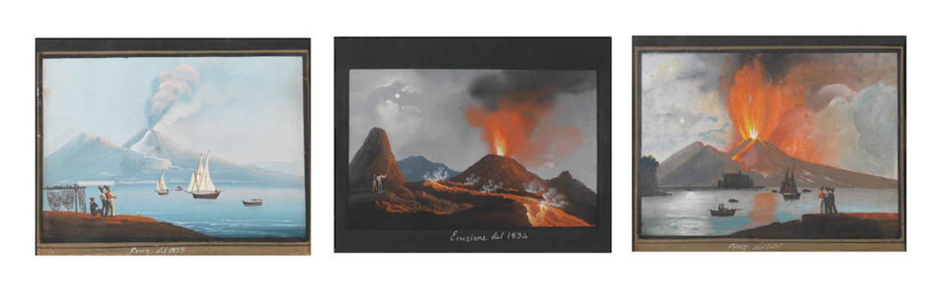 Neapolitan School, 19th Century Views of Vesuvius erupting 18.6 x 25.3cm (7 5/16 x 9 15/16in) an...