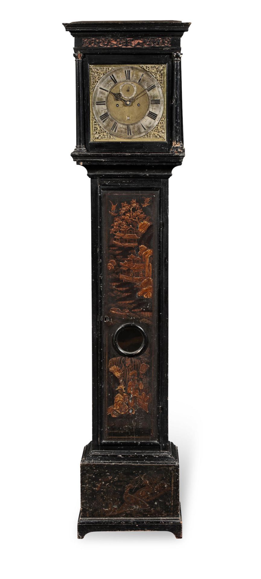 An early 18th century and later japanned and painted longcase clock with associated dial and mo...