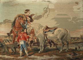 A 19th Century woolwork Hawking scene, a father mounting a chestnut horse with son aside his hor...