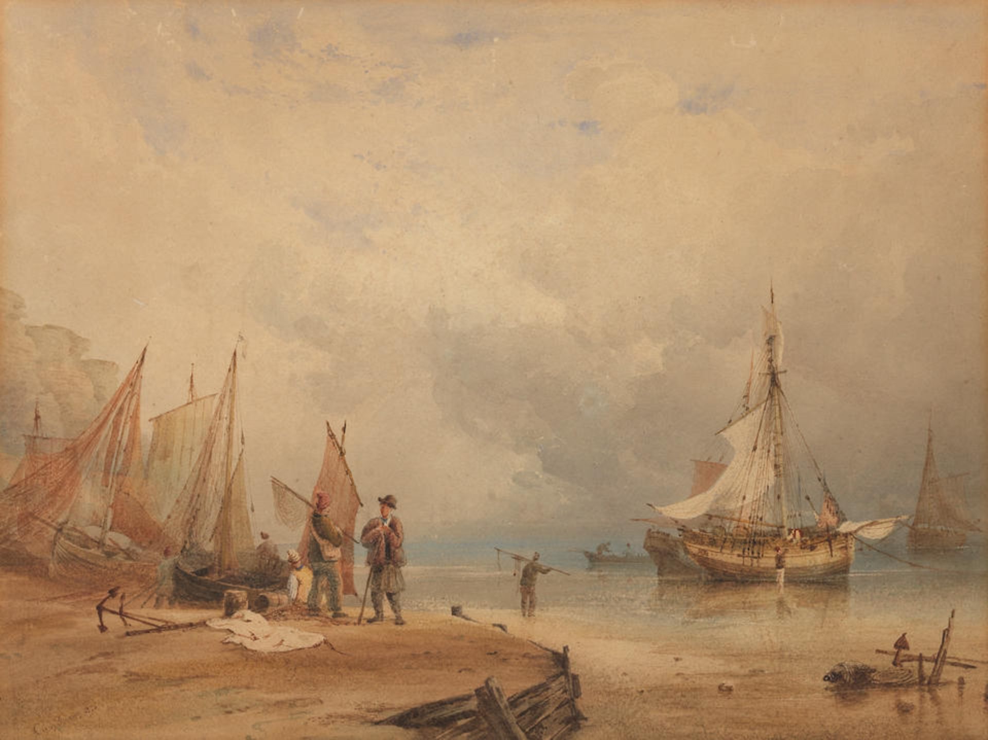 Anthony Vandyke Copley Fielding, P.O.W.S. (British, 1787-1855) Beach scene with boats moored at ...