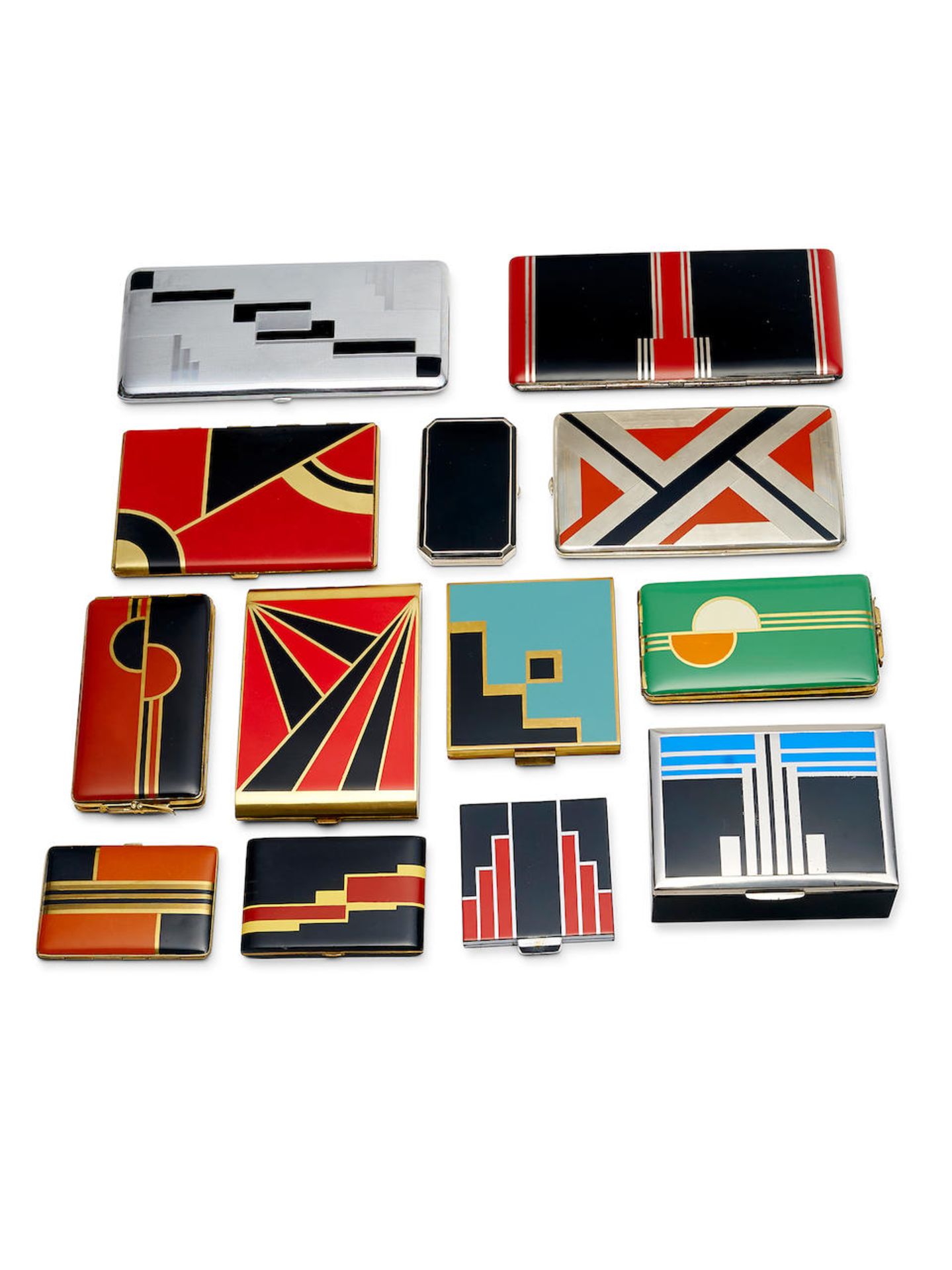 A GROUP OF 13 ENAMEL COMPACTS AND CASES