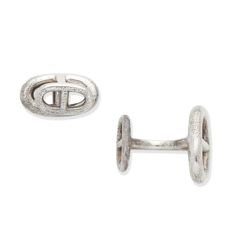 Hermès: a Pair of Sterling Silver Chain D'Ancre Cufflinks (includes box)