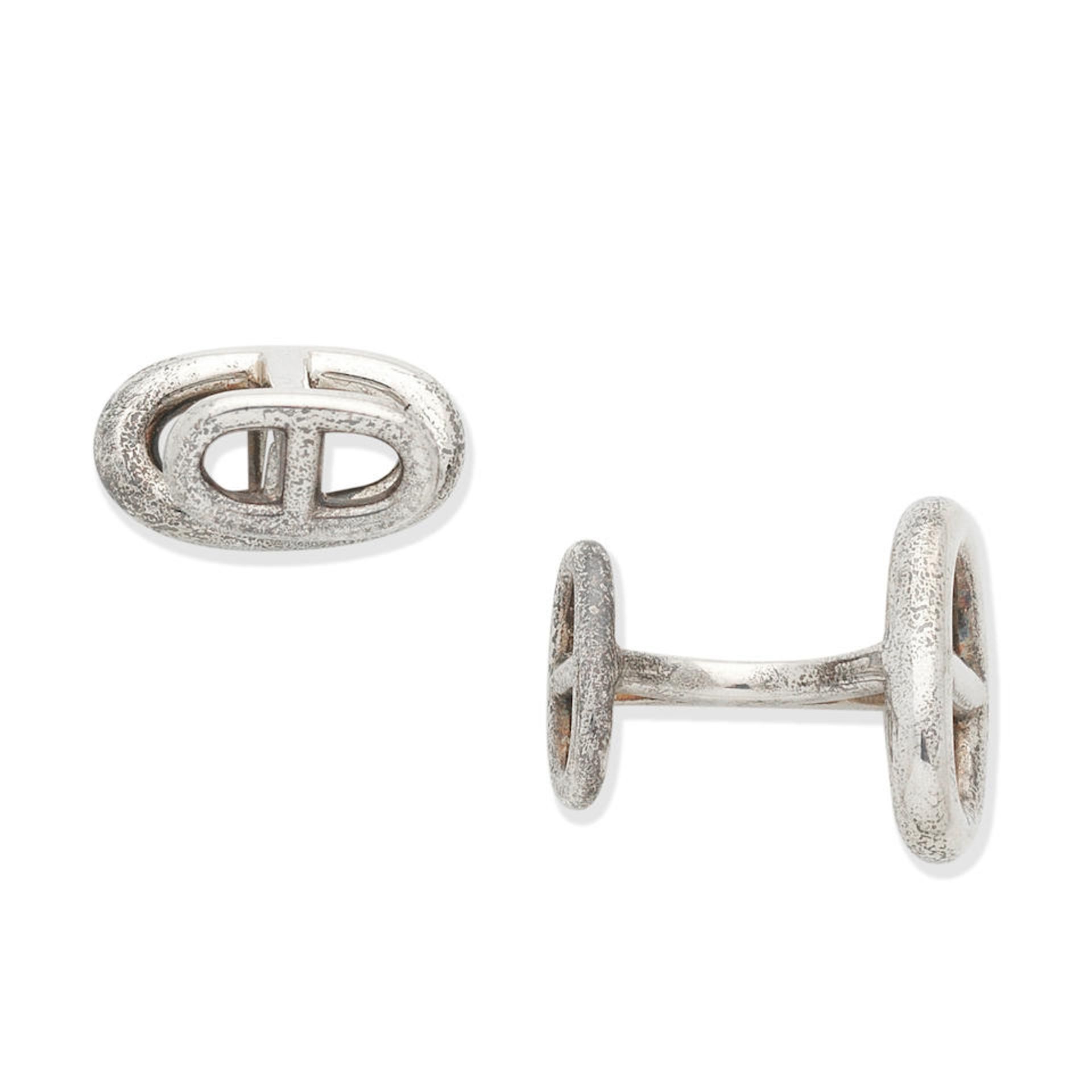 Hermès: a Pair of Sterling Silver Chain D'Ancre Cufflinks (includes box)