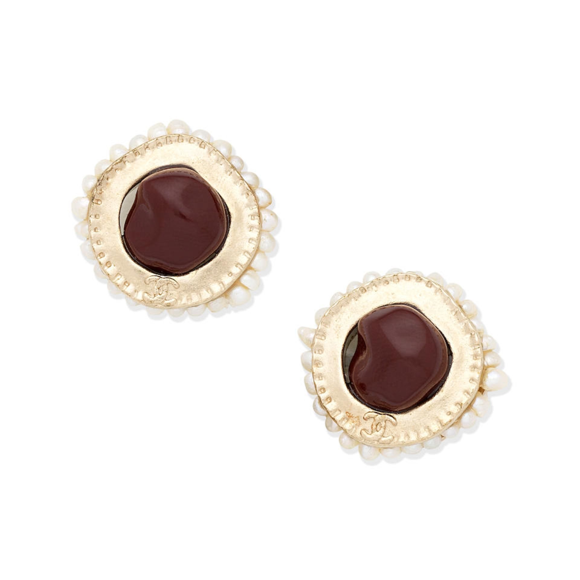 Karl Lagerfeld for Chanel: a Pair of Red Stone and Simulated Seed Pearl Earrings Autumn 2013 (in...