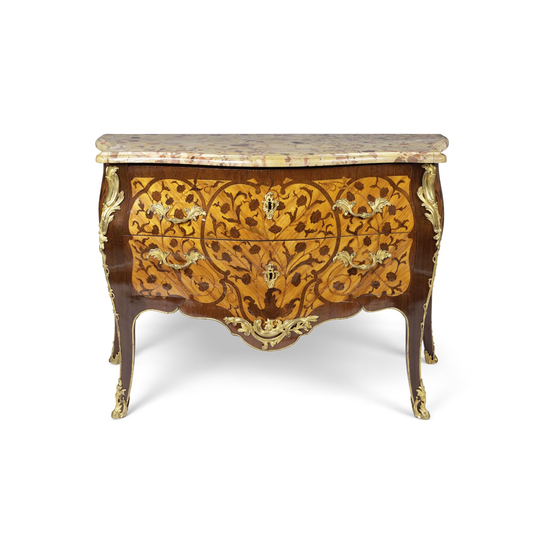 Commode d'&#233;poque Louis XV en bois de rose, amarante et marqueterie florale de bois de bout,...