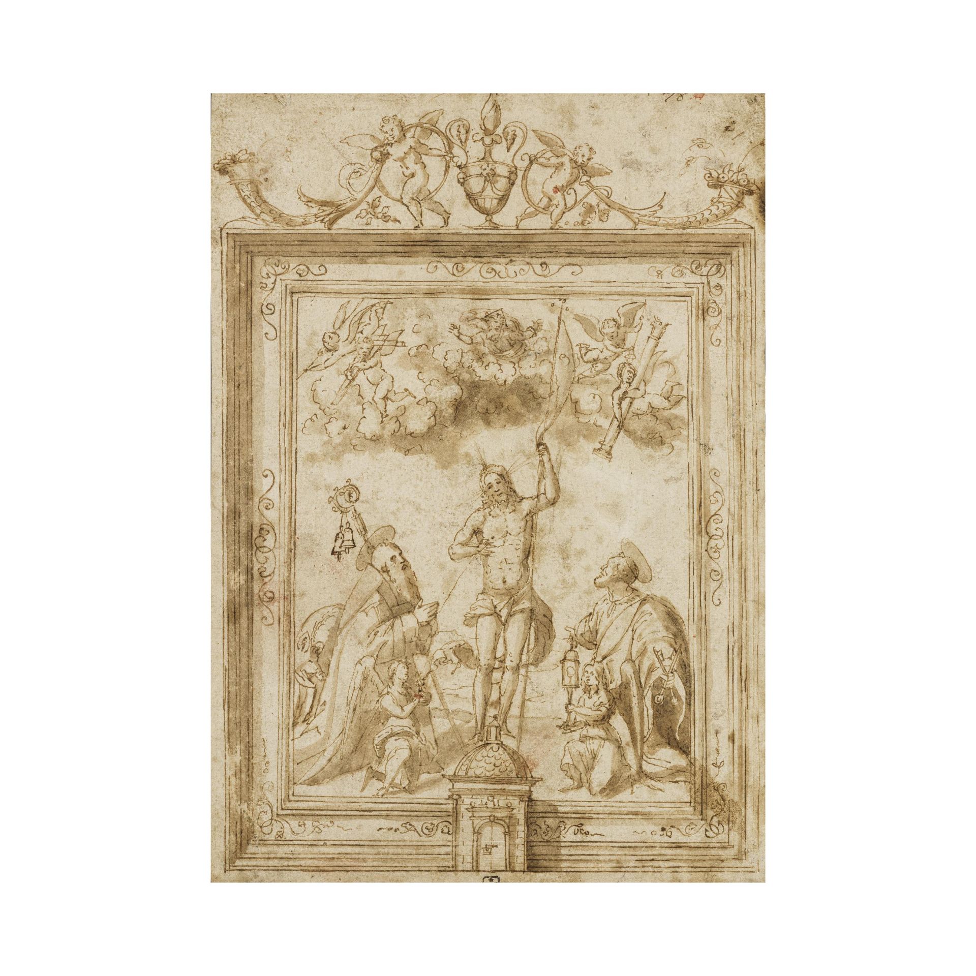 Girolamo da Santacroce (Bergame 1480-1556 Venise) Etude pour un retable avec la r&#233;surrectio...