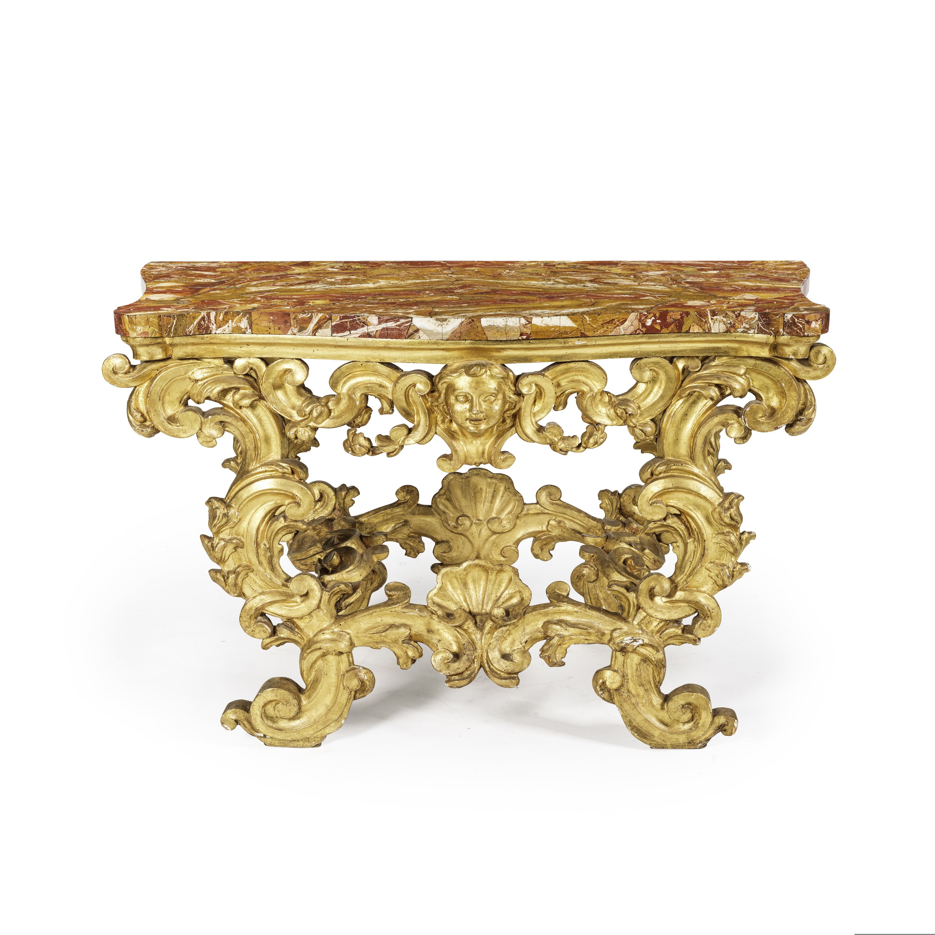 Console italienne en bois sculpt&#233; et dor&#233;, dessus de jaspe de Sicile plaqu&#233;, prem...