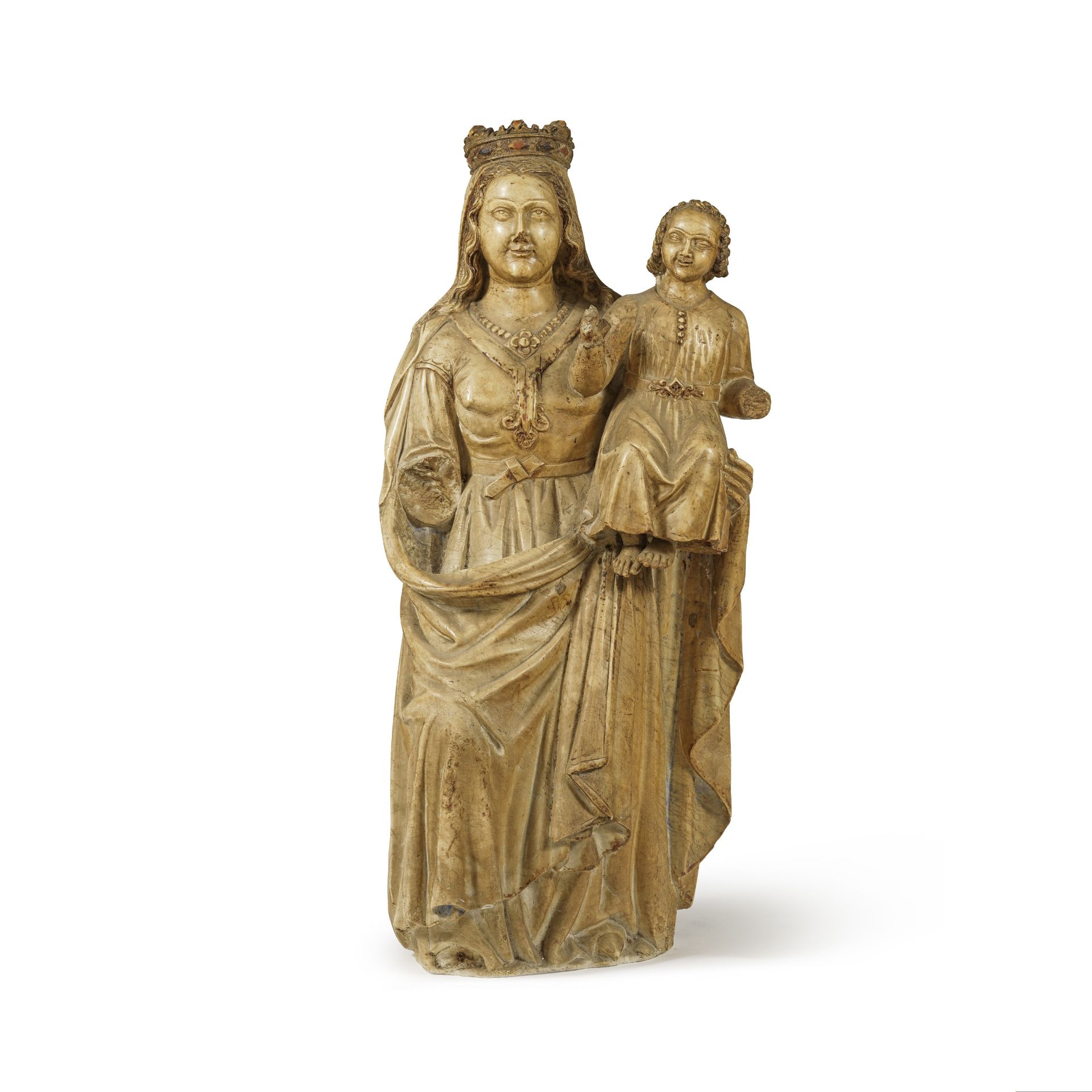 Groupe en alb&#226;tre sculpt&#233; repr&#233;sentant la Vierge et l'Enfant J&#233;sus, Espagne,...
