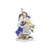 Tr&#232;s rare groupe en porcelaine de Meissen repr&#233;sentant un couple d'amoureux avec une v...