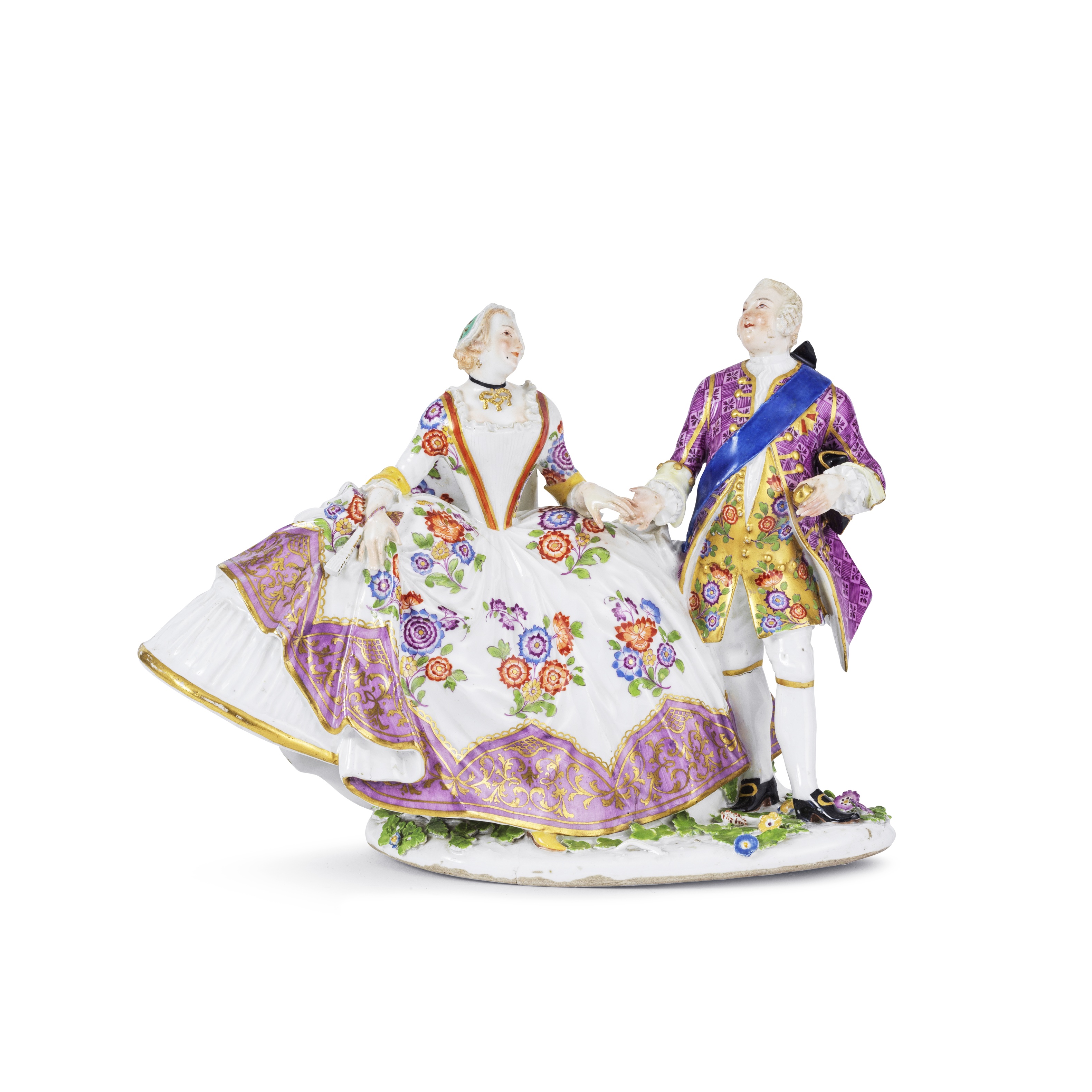 Tr&#232;s rare groupe 'crinoline' en porcelaine de Meissen repr&#233;sentant un chevalier et une...