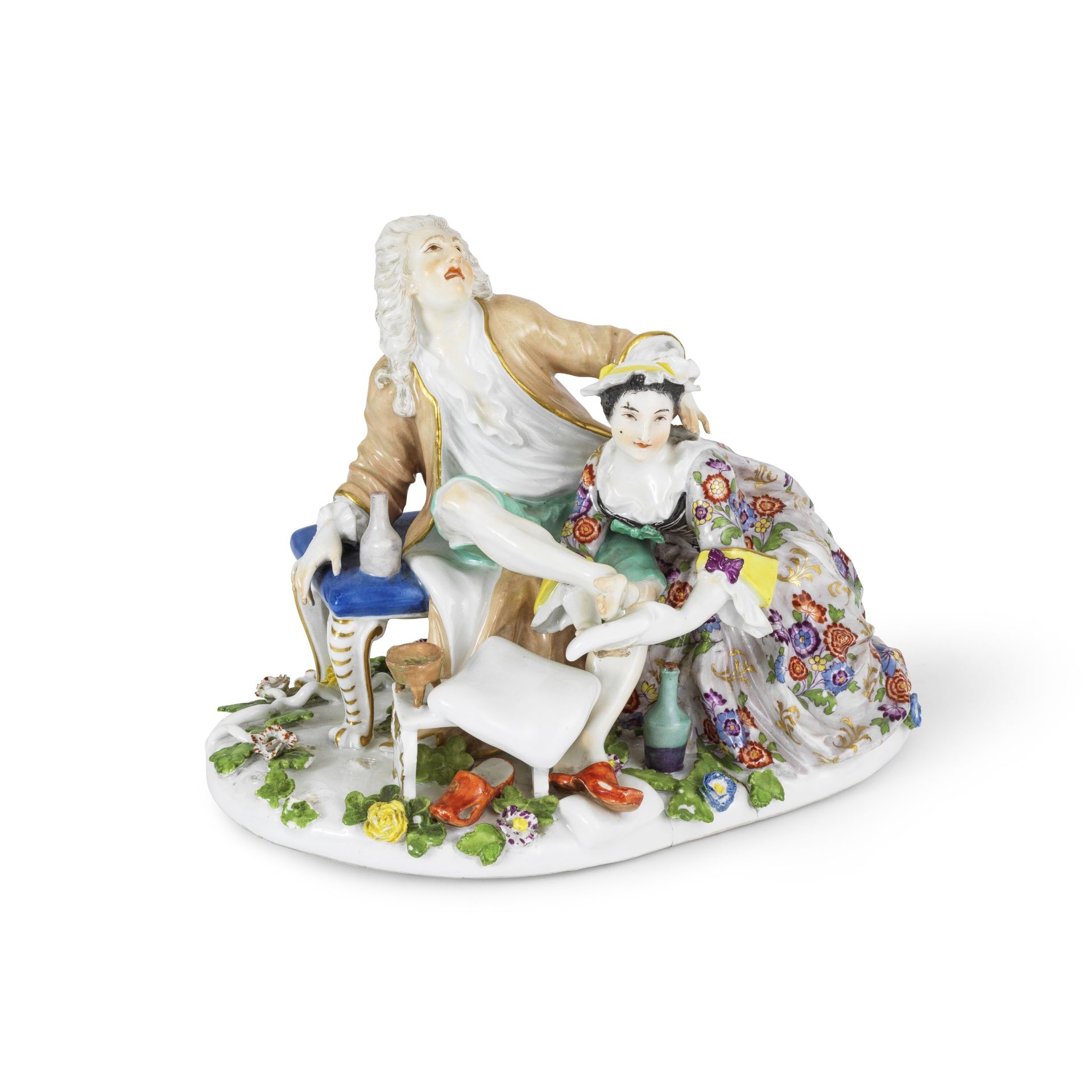 Rare groupe en porcelaine de Meissen repr&#233;sentant un homme souffrant de la goutte, porcelai...