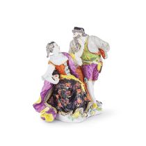 Rare groupe en porcelaine de Meissen r&#233;presentant Pantalon et Colombine, circa 1738A rare M...