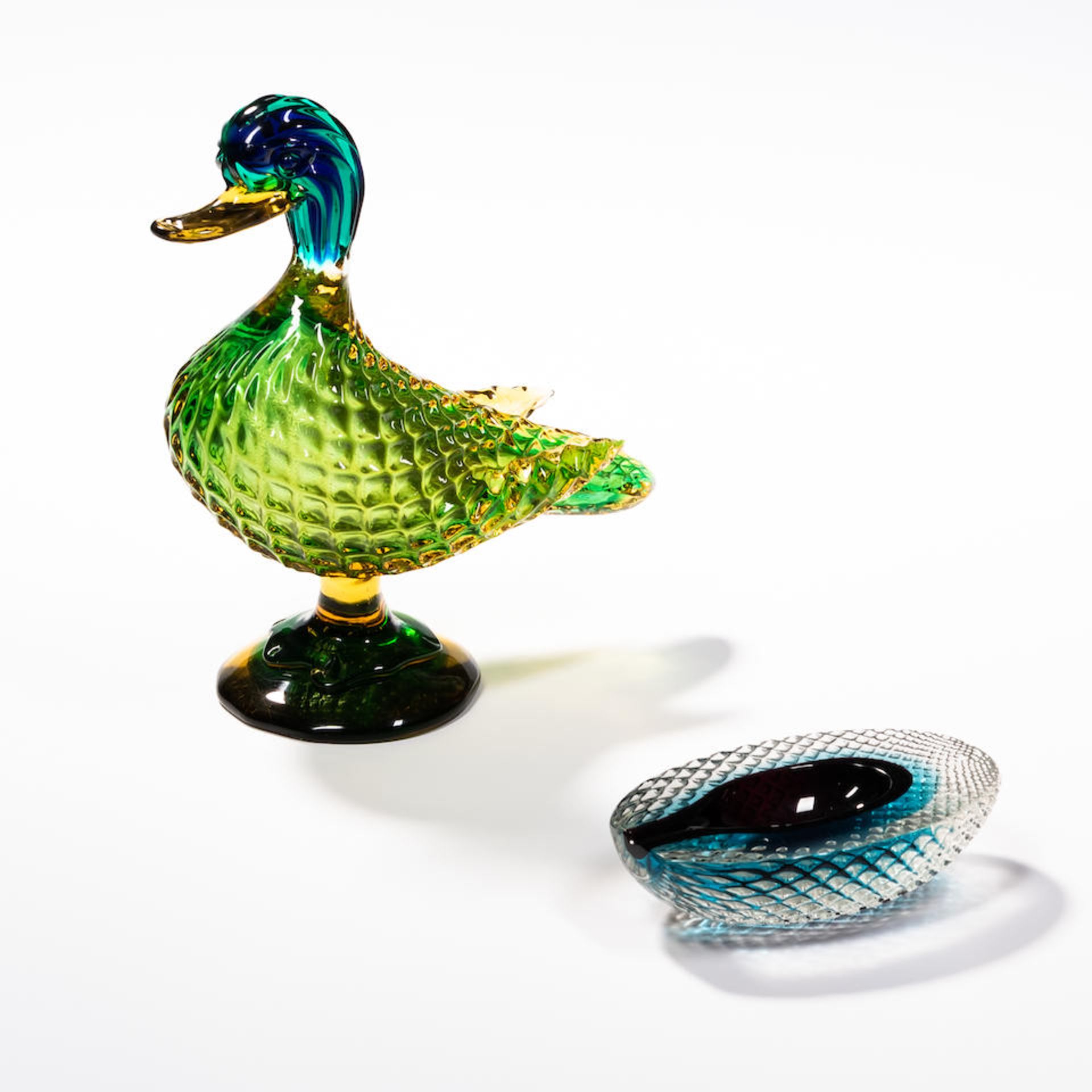 Murano Glass Duck and Ashtray, circa 1950, both unsigned, duck attributed to Seguso Vetri d'Arte...