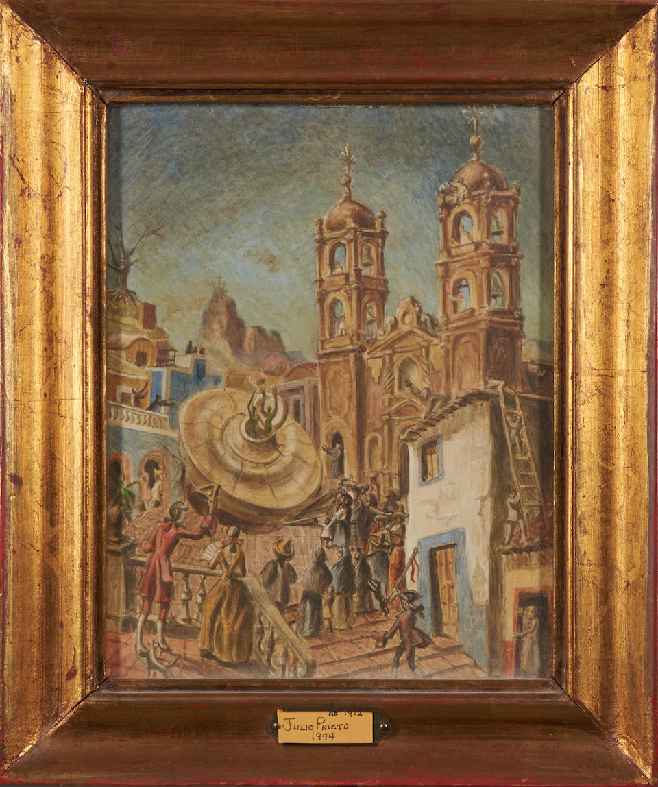 Julio Prieto Nespereira (Spanish, 1896-1991) Surrealist Colonial Scene 13 x 10 in.