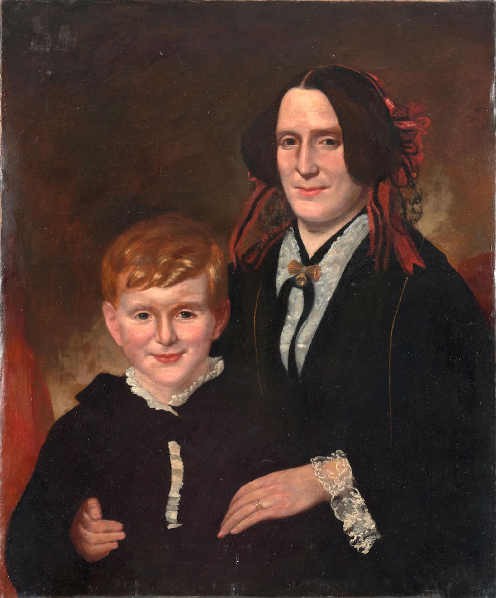 American School, Mid-19th Century. Portrait of a Woman and Boy. Ht. 30, wd. 25 in.