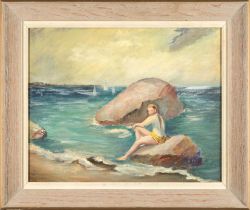 American School, 20th century Young Woman Sitting On Rock by the Sea